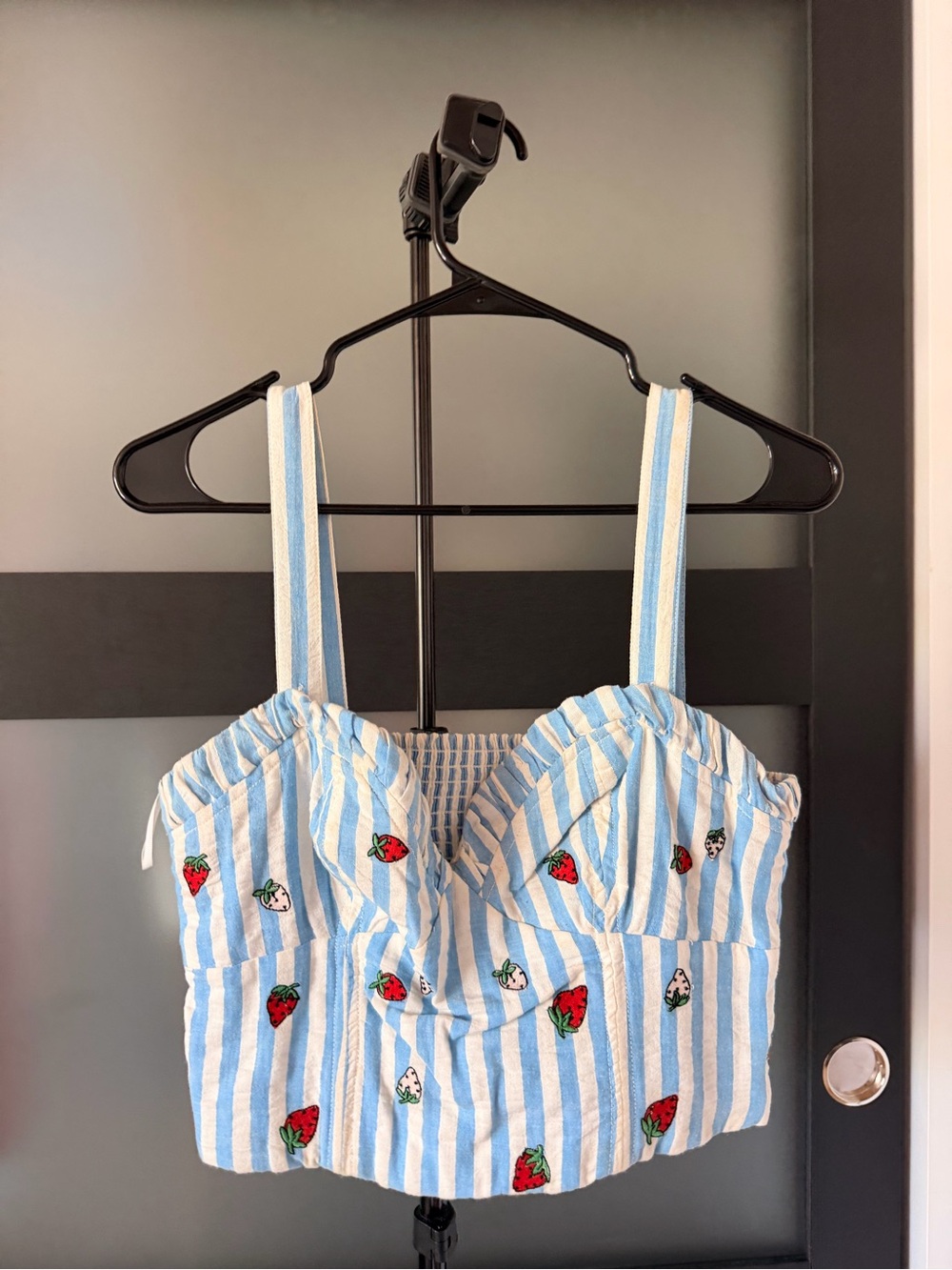 Blue & White Striped Strawberry Embroidered Crop Top